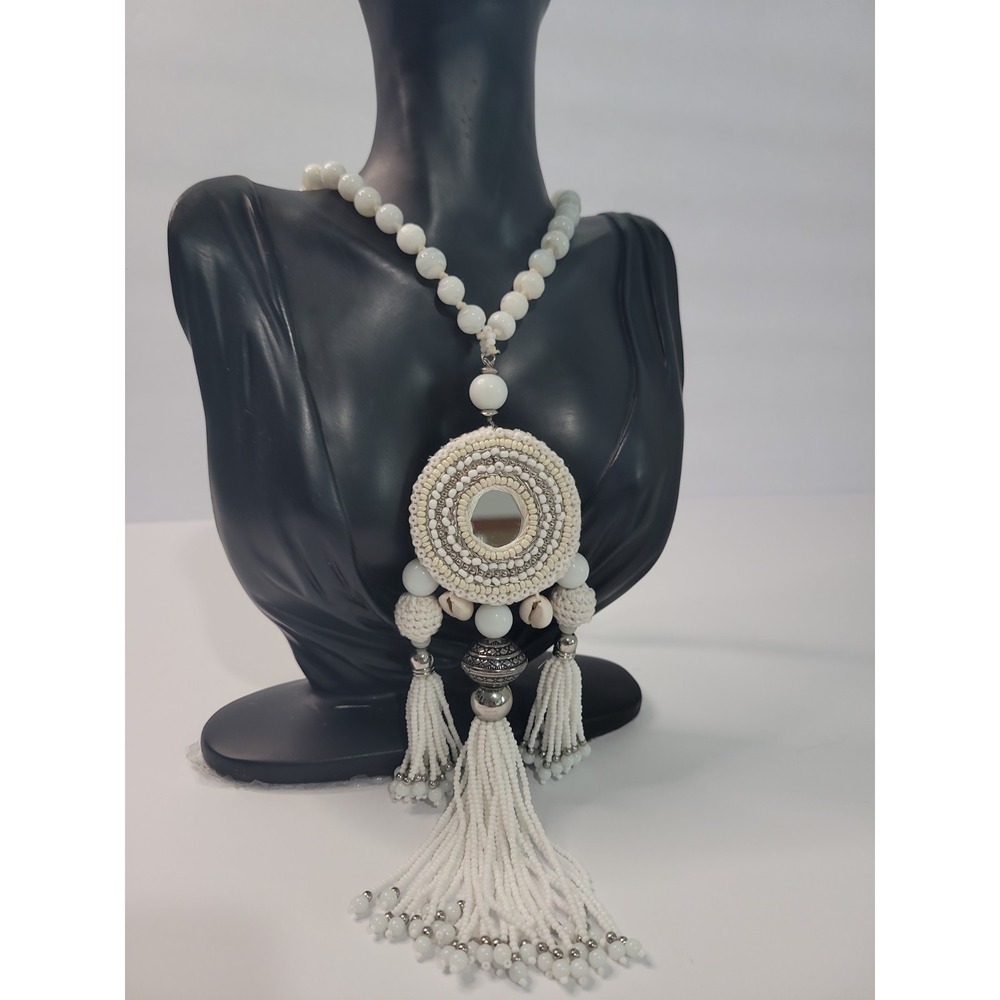 Chicos White Glass Bead Tassel Statement Necklace Boho Silver Tone